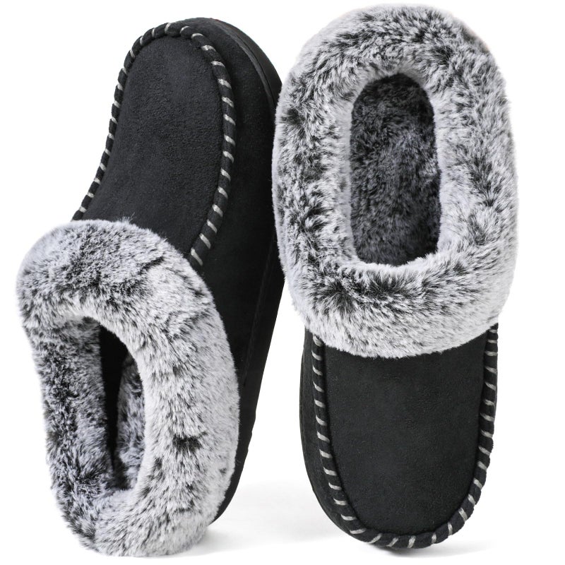 ULTRAIDEAS Women's Memory Foam House Slippers with Hard Bottom, Fur Lined House Shoes with Non-Slip Rubber Sole for Indoor & Outdoor (Black, 5-6) - Image 1
